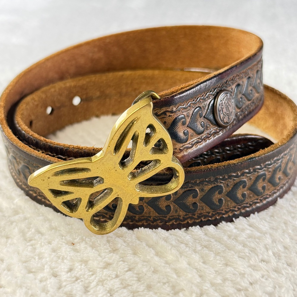 Vintage Tooled Leather Belt Solid Brass Butterfly Buckle Brown Hearts Boho 30
